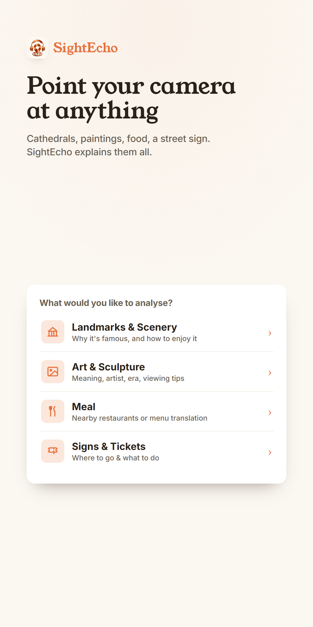 Point your camera at anything — landmarks, art, meals, signs